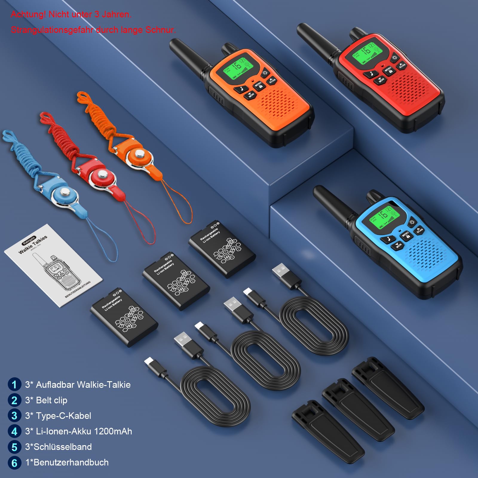 Walkie Talkie 3er Set Kinder Aufladbar, Rabigala Funkgeräte mit 5km großer Reichweite für Erwachsene, Li-ion Akku, VOX Freisprecheinrichtung, Taschenlampe LED, LCD