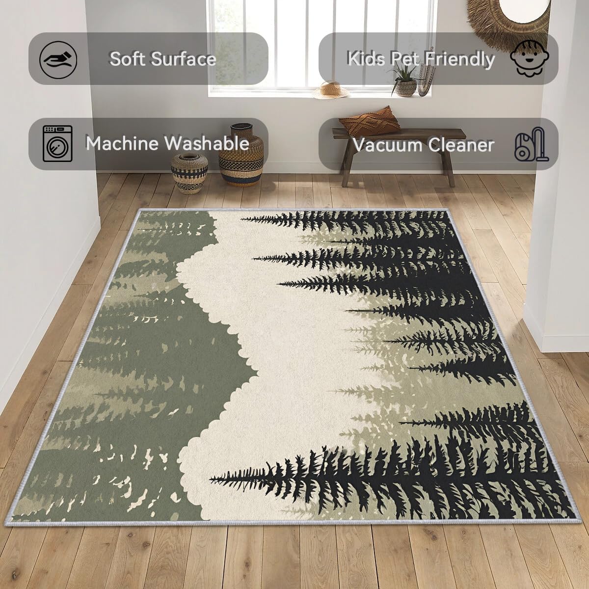 Tree Rugs for Entryway - Washable Forest Rugs for Indoor Entrance - 2x3 ft - Botanical Design Small Door Mat & Home Decor - Woodland Area Rug with Non Slip Backing