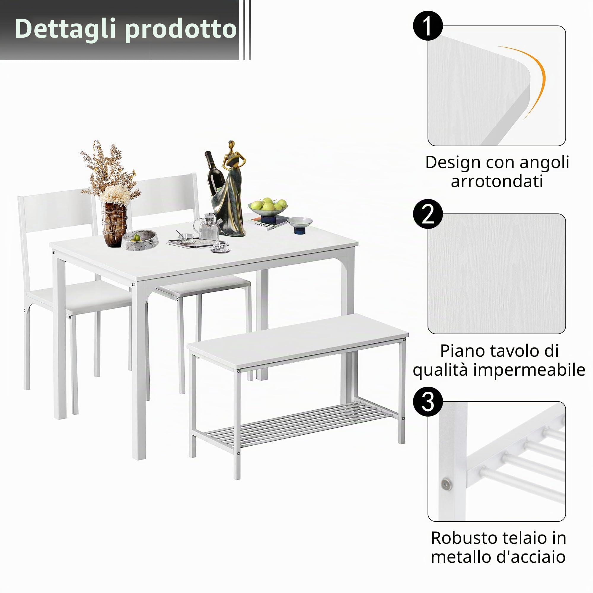 SogesPower Set Tavolo e Sedie da Pranzo, 4 Pezzi, con 1 Tavolo da Pranzo, 2 Sedie e 1 Panca, Set da Pranzo per 4 persone per Cucina, Sala da Pranzo, Bianco