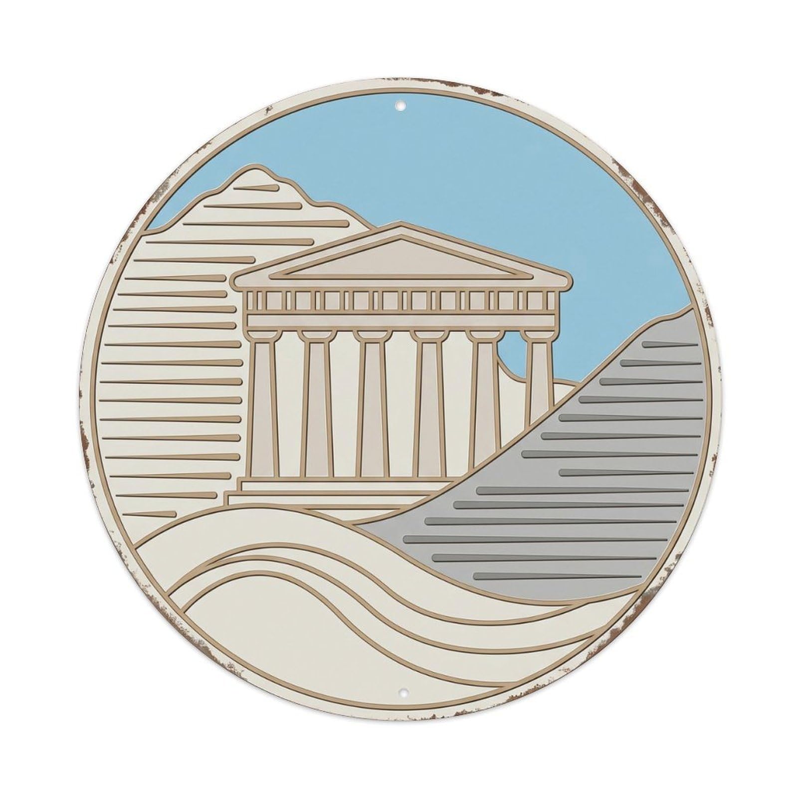 Delphi Streamline Temple Travel Metal Tin Sign Plaque Wall Decor for Cafe, Club, Garden Round Metal Poster 8x8Inch