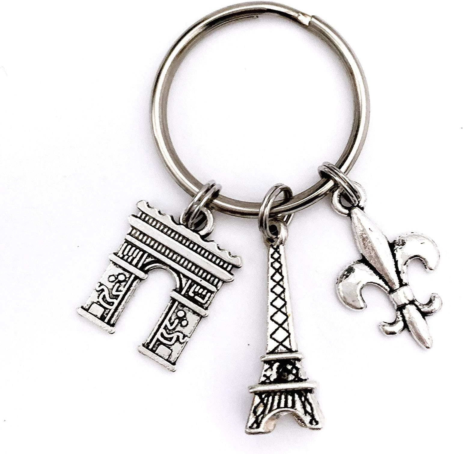 Paris France theme keychain. Includes Eiffel Tower, Arc de Triomphe, and Fleur de Lis. Gift for French lover.
