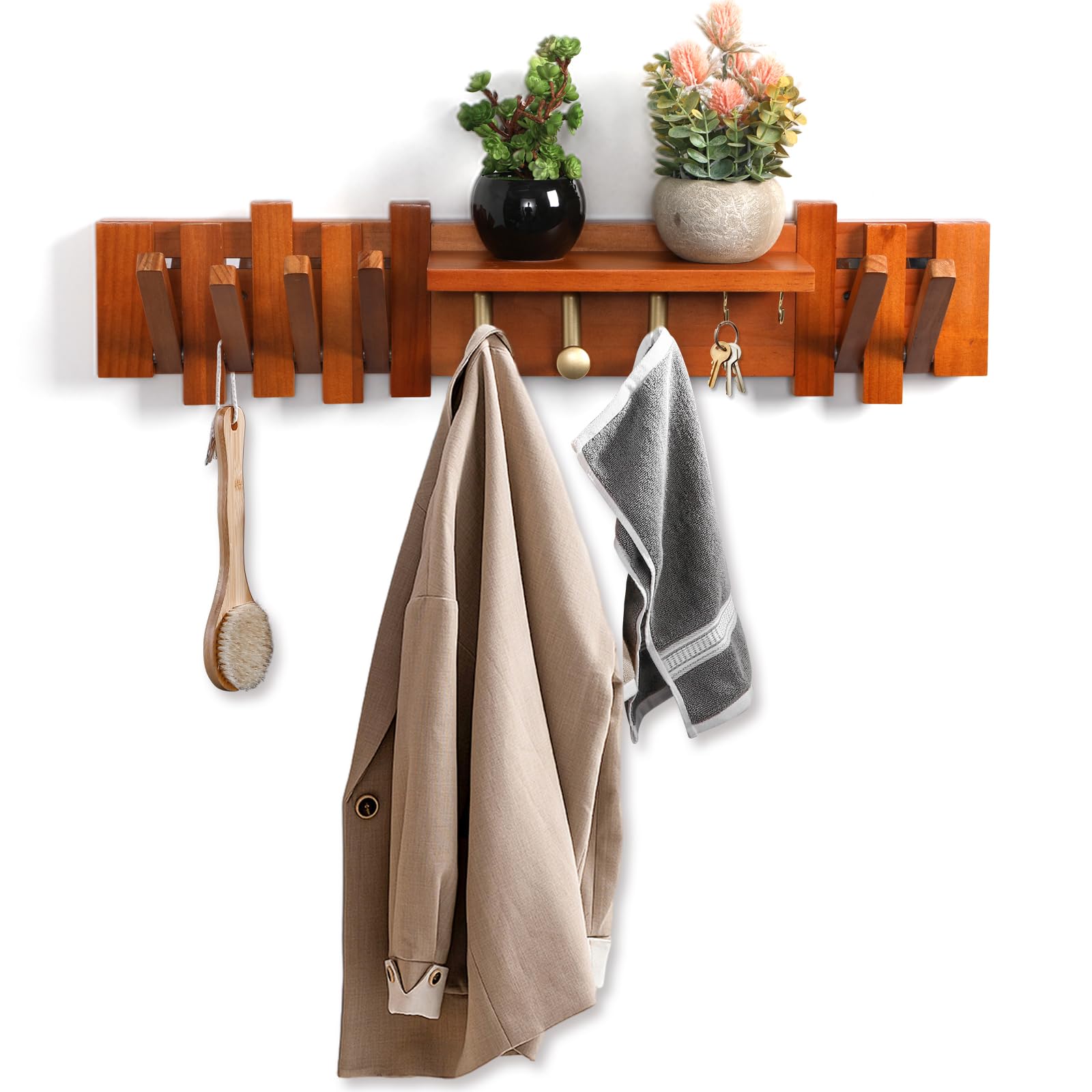 Zingoetrie Wooden Coat Rack Wall Mount Red Brown 11 Hooks Key Holder Umbrella Entryway Shelf Housewarming Holiday Gifts