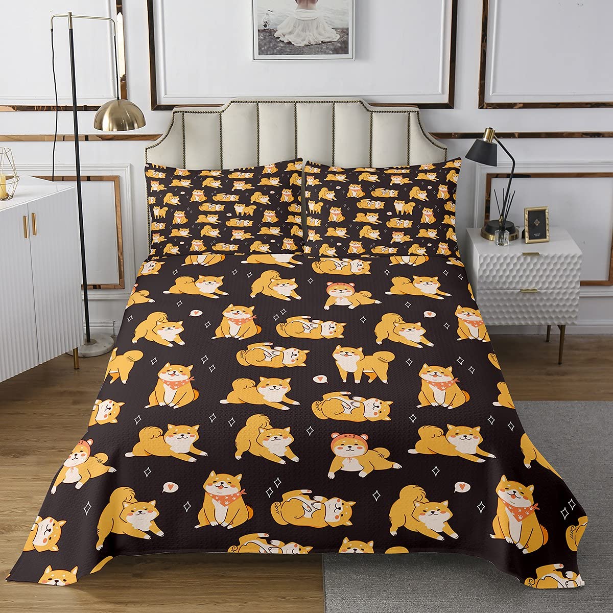 Erosebridal Cute Shiba Inu Bedspread Puppy Dog Quilted for Kids Boys Girls Cute Yellow Dog Coverlet Set Decor Cartoon Farmhouse Pet Animal Pattern Bedspread Quilt Set,Grey Bedspread Twin Size