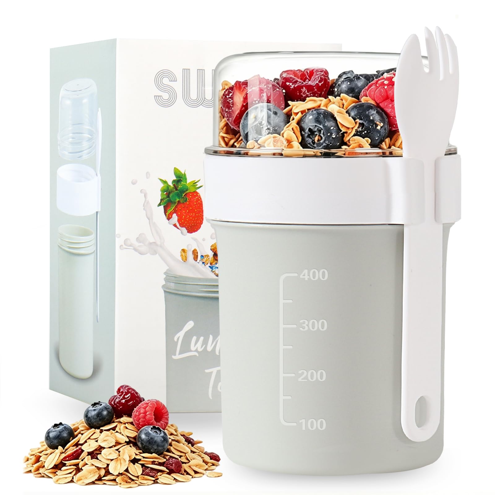 Swkien Müslibecher to go mit Löffel - Auslaufsicherer Joghurtbecher to go mit Unterteilung (560ml + 220ml) - Spülmaschinengeeignet & BPA-Frei - für Büro, Fitness, Schule, Reise