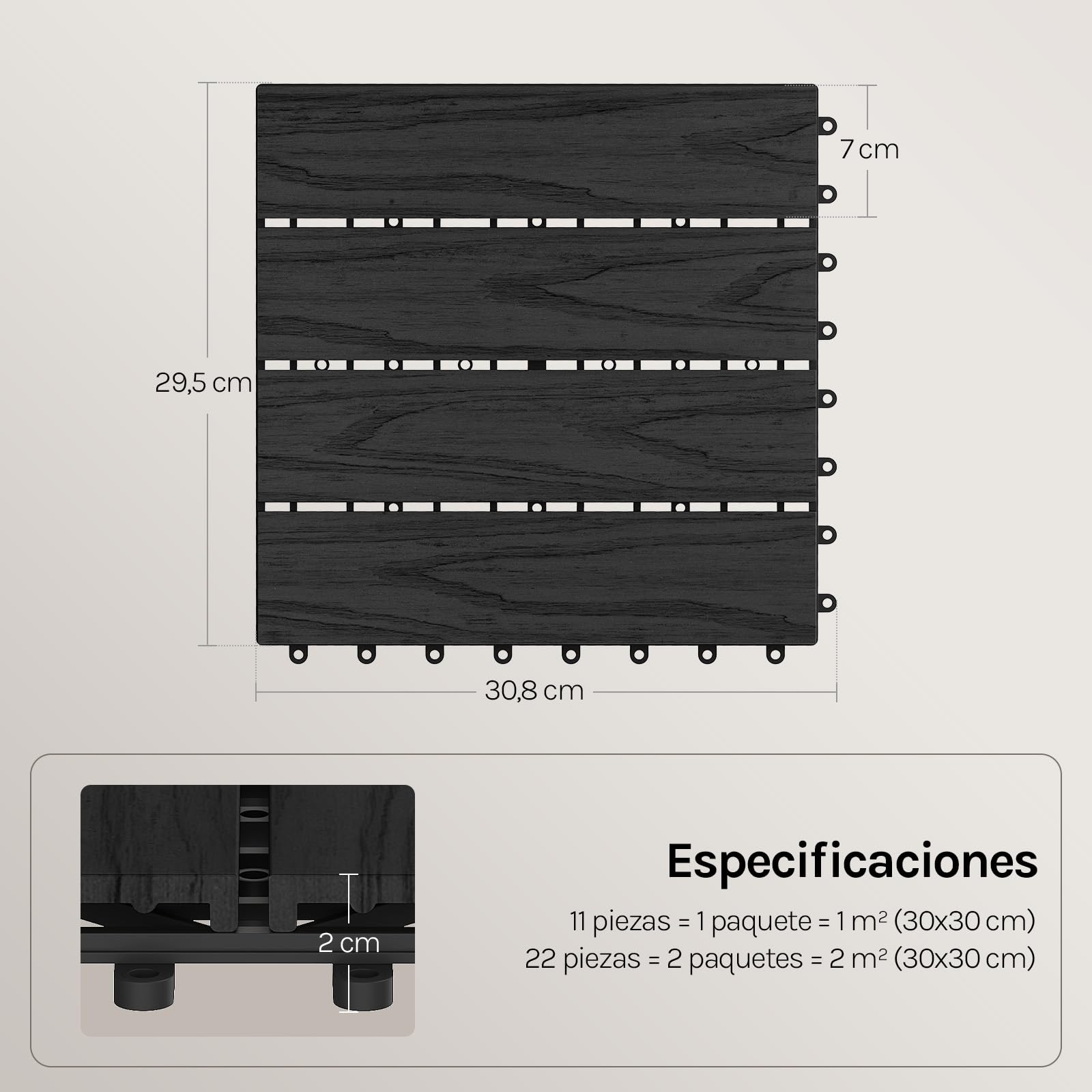 WOLTU 11x Suelo de WPC Baldosas de Madera Exterior para Porche Patios Jardin, 30 x 30 cm 1m² Suelo de Exterior Compuesta Azulejos Baldosas de WPC para Terraza Antracita