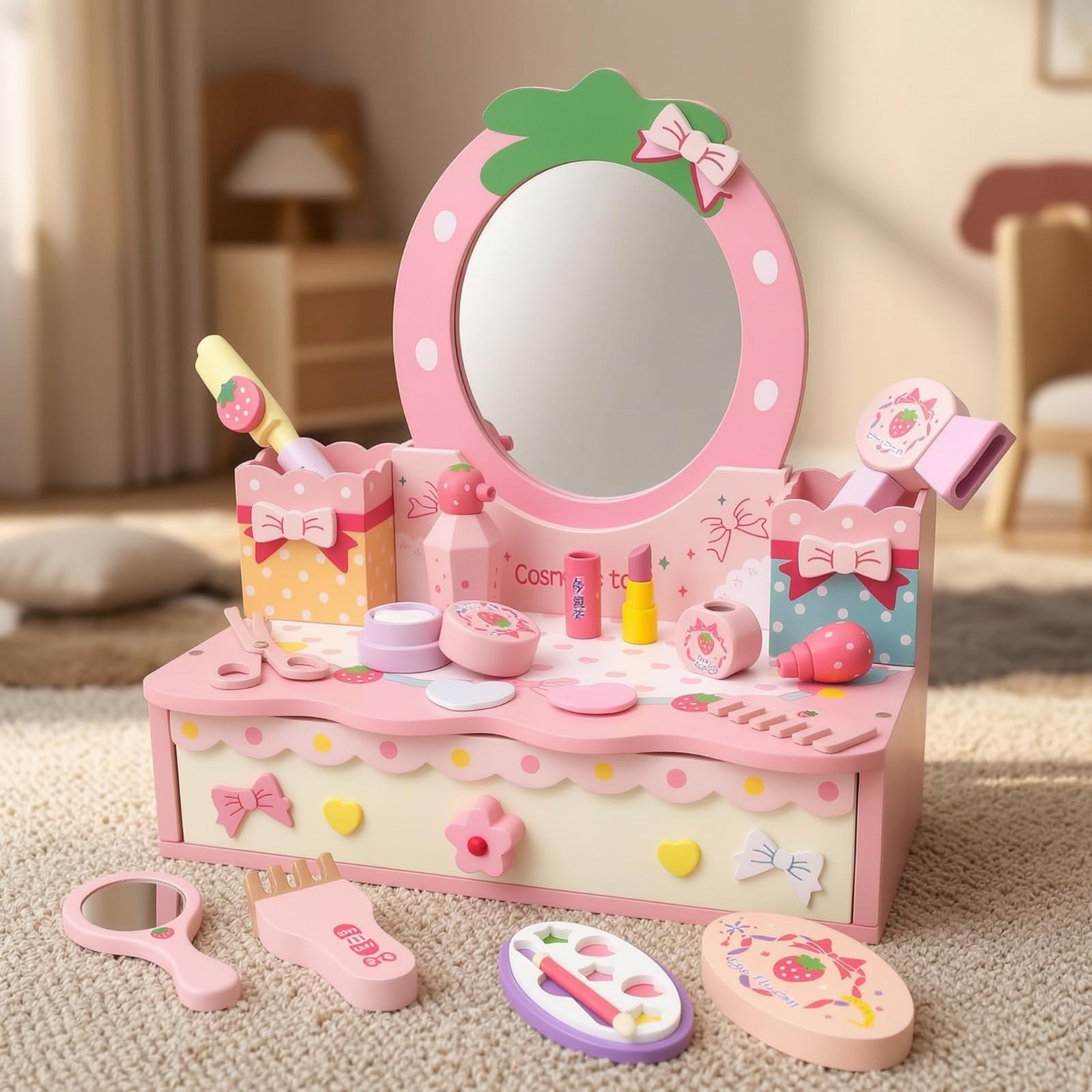 Tocador de Juego Infantil Tocador de Juguete Mesa de Maquillaje Espejo Almacenaje con Cajones Madera Robusta Tamaño de Habilidades Finas y