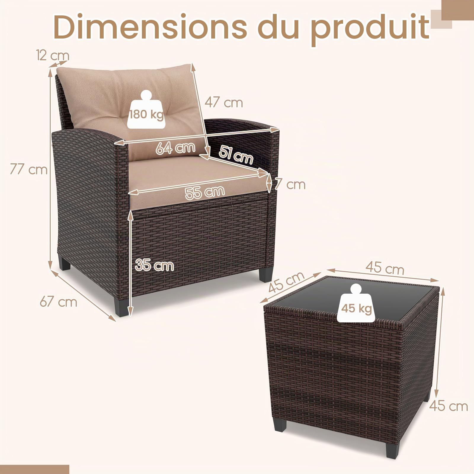 GIANTEX Salon de Jardin 2 Personnes en Rotin, Mobilier Jardin avec 2 Fauteuils, Coussins Amovibles, Table Basse Plateau en Verre Trempé, pour Balcon, Cour, Marron + Beige