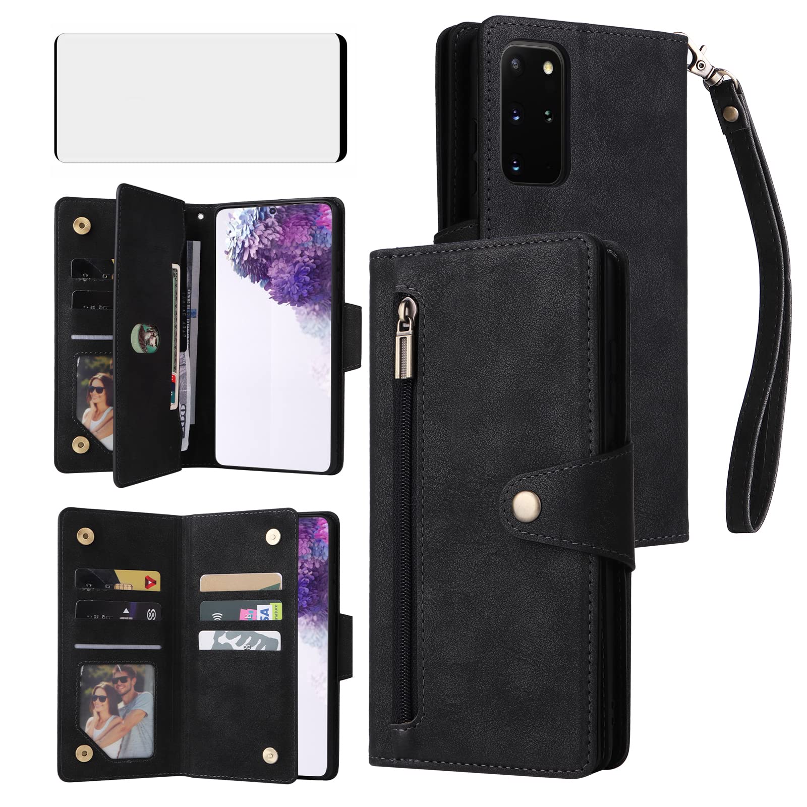 Asuwish Phone Case for Samsung Galaxy S20 Plus/S20+ 5G - Flip Case with Kickstand, Card Slot, Tempered Glass Screen Protector & Wrist Strap - Black