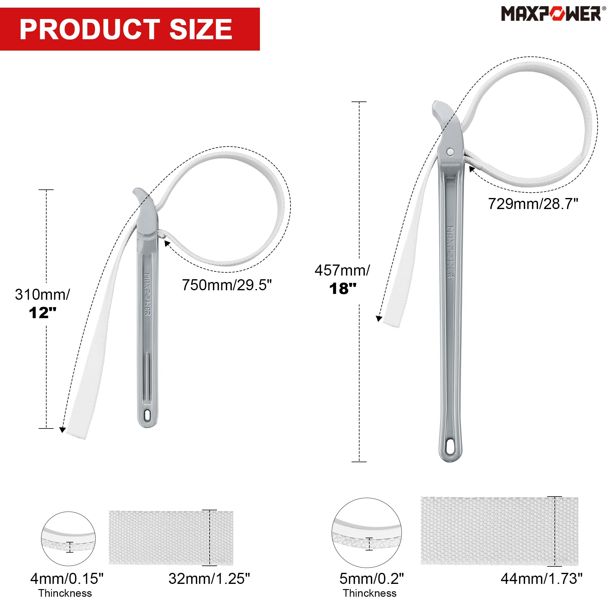 MAXPOWER Set di chiavi a cinghia regolabili, 45,7 cm e 30,5 cm, in nylon, per sostituire il filtro dell'olio, il filtro dell'acqua, giunzione in PVC, 2 pezzi