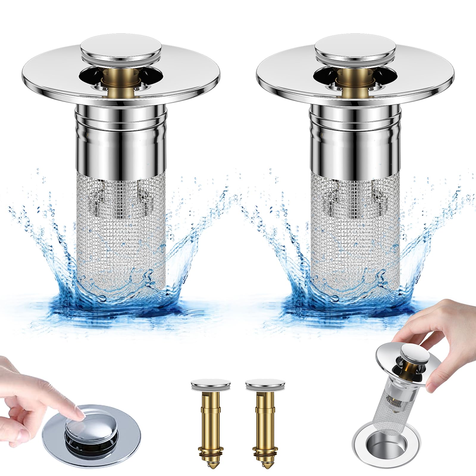 Lot De 2 Bouchons D'évier De Salle De Bain Avec Filtre Amovible En Acier Inoxydable Pour évier De Salle De Bain