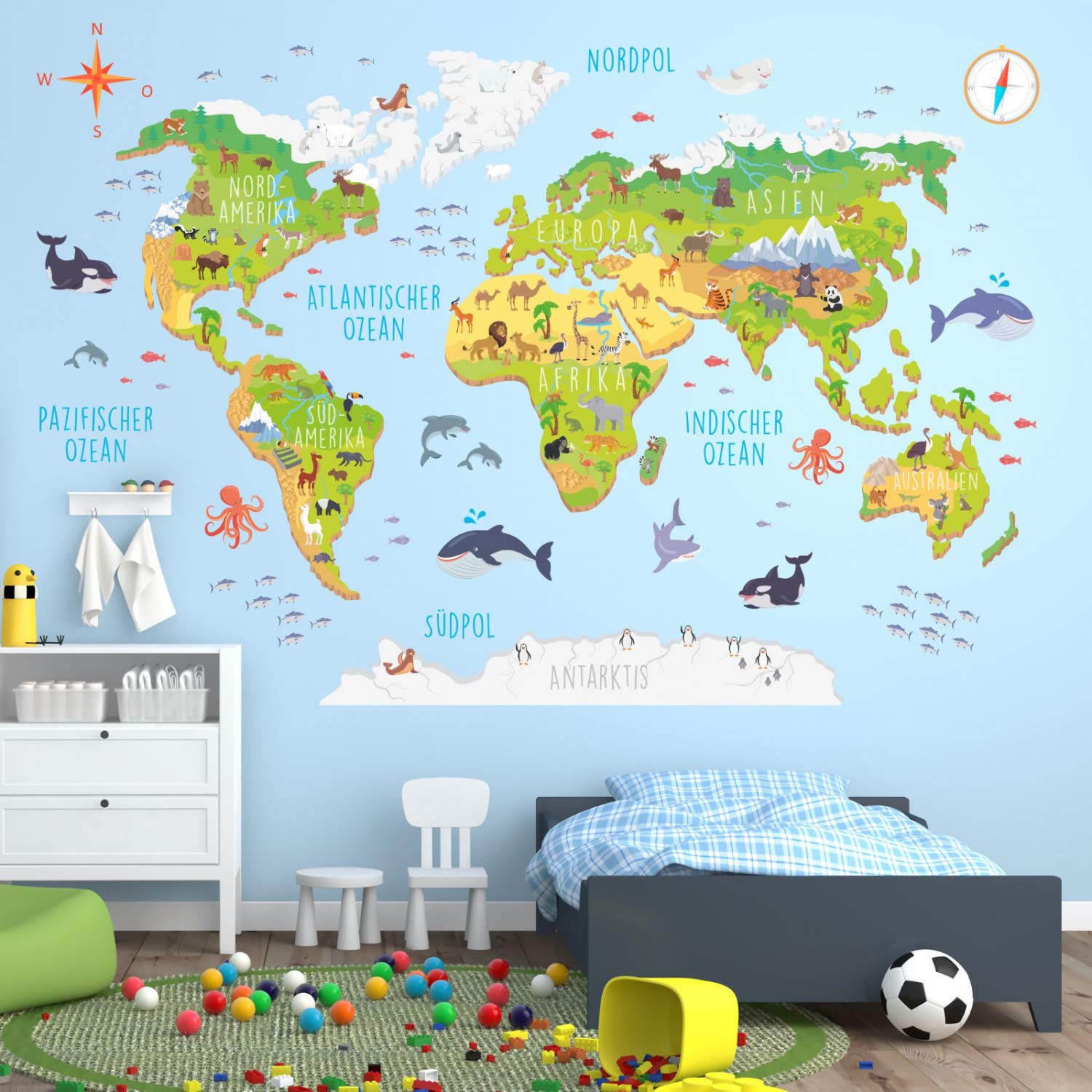 174 Wandtattoo Weltkarte mit Tieren 3D - Kinderzimmer Wanddeko Größe 1250 x 860 mm