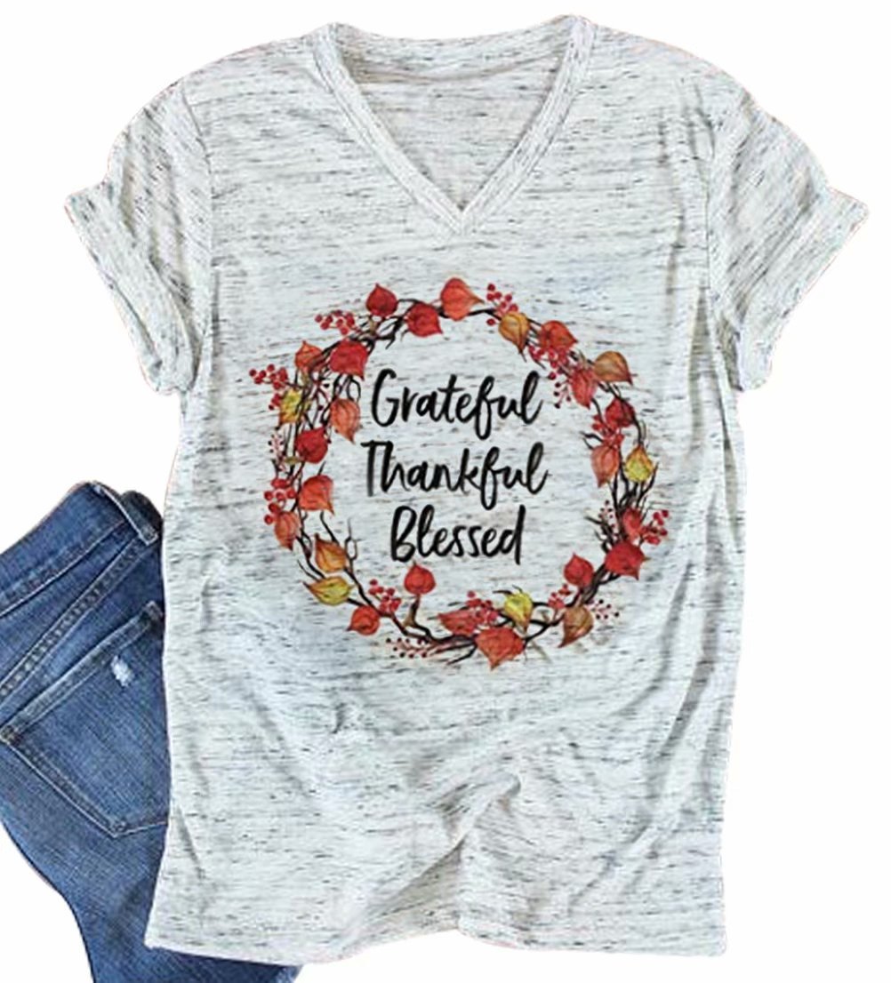 DUTUTThanksgiving Shirt Womens Grateful Thankful Blessed Tshirt Floral Print Short Sleeve Garland Graphic Tees Tops