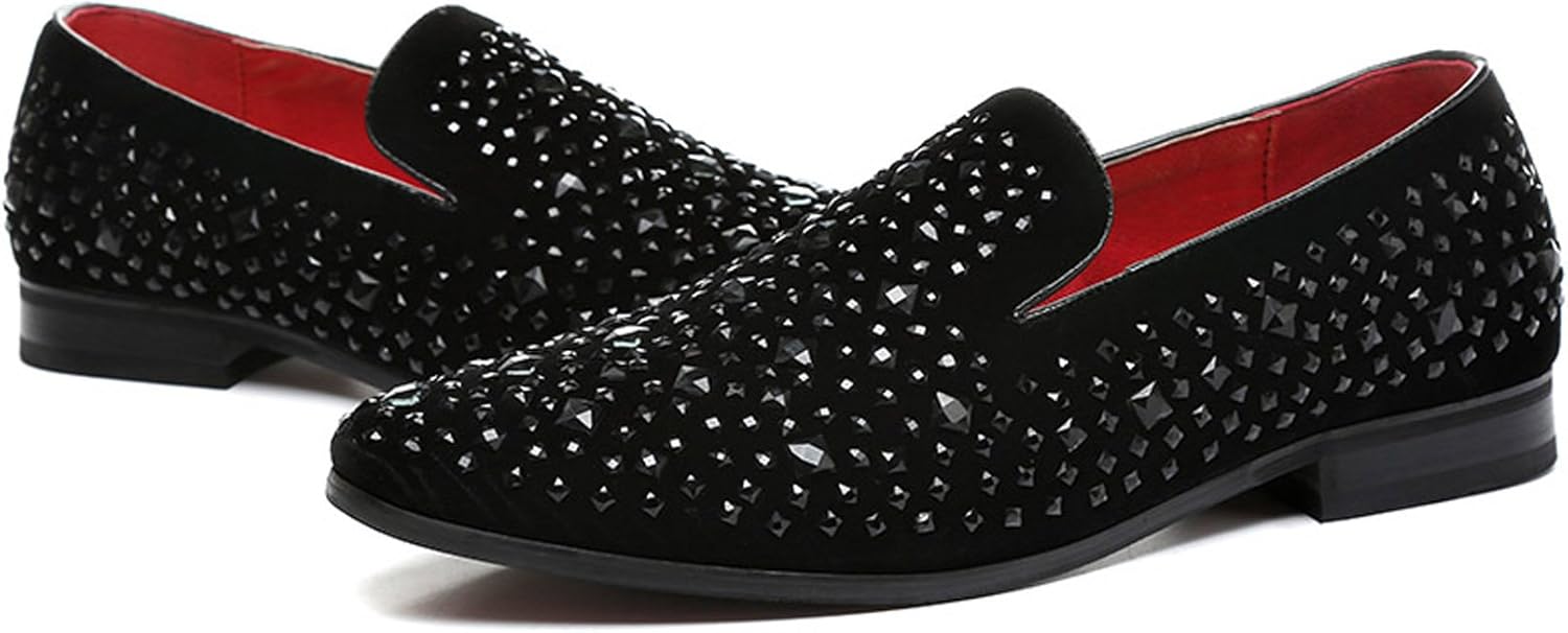 Santimon Loafer Smoking Slipper Moccasins Men Slip on Handmade Rhinestone Studded Pointed Toe Shoes Black