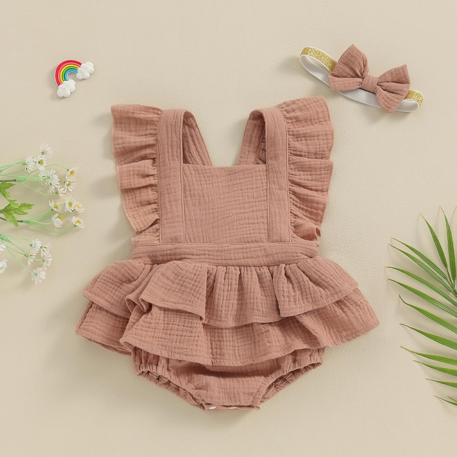 MERSARIPHY Newborn Baby Girl Summer Outfit Linen Ruffle Bubble Romper Dress One Piece Bodysuit Jumpsuit Infant Summer Clothes - Image 2