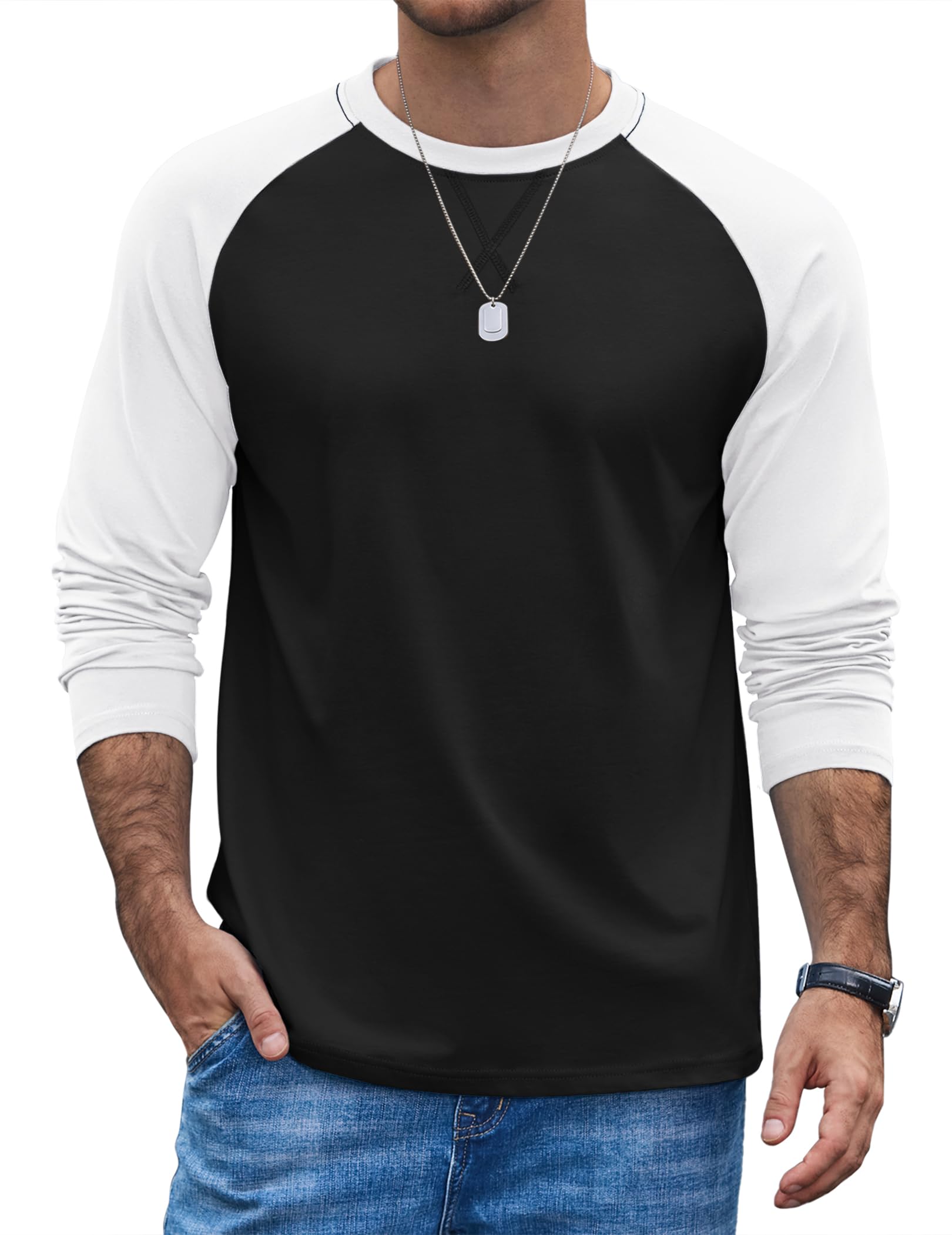COOFANDY Maglietta Uomo Manica Lunga Cotone Raglan Girocollo Maniche A Contrasto Regular Fit