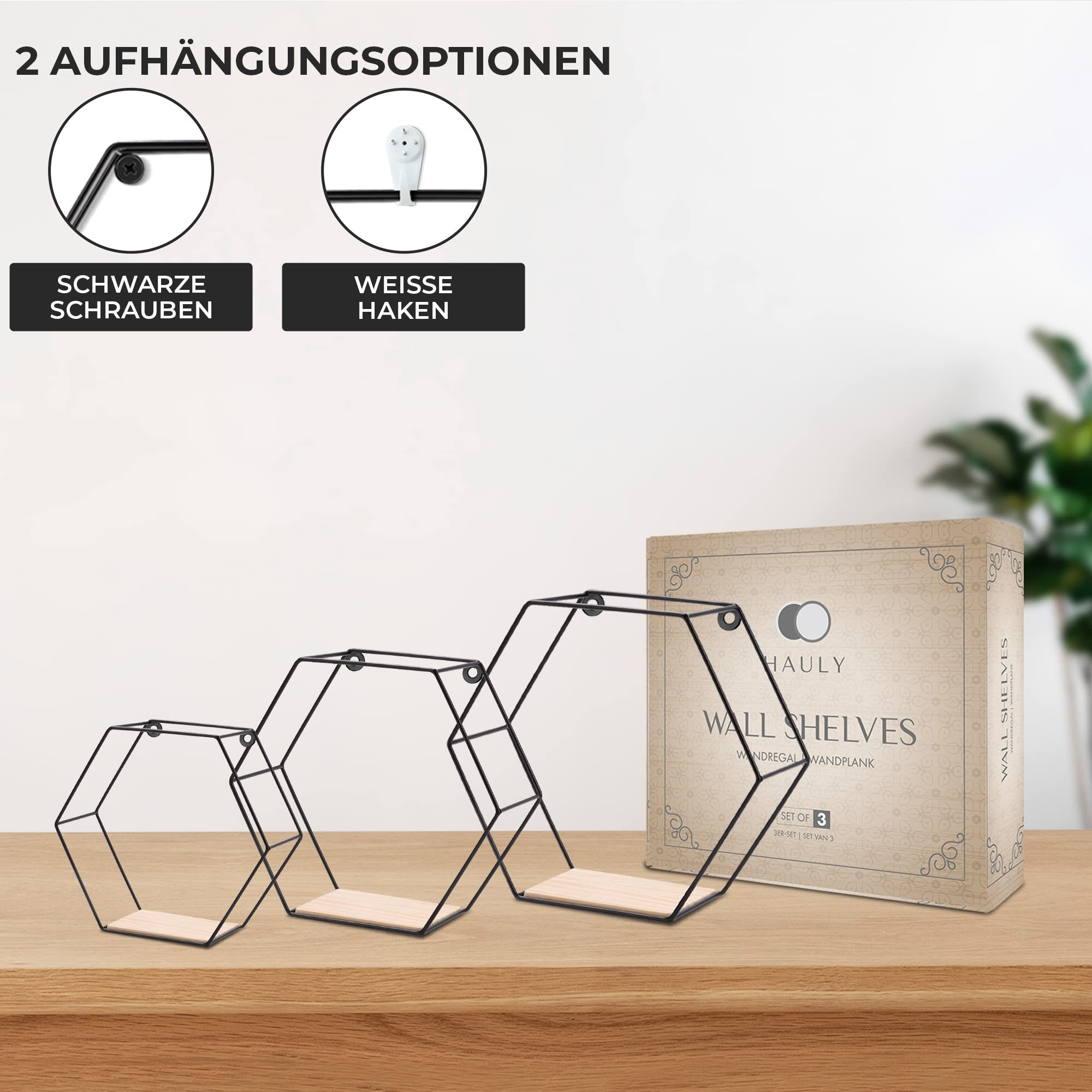 3-częściowy zestaw półek ściennych Hexagon, czarne metalowe półki wiszące z drewnianą półką, nowoczesna półka sześciokątna do salonu, sypialni, kuchni i biura, stabilne półki stalowe z śrubami i