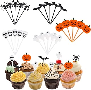 KIMOBER 50PCS Plastic Halloween Cupcake Toppers,Pumpkins,Ghosts,Spiders,Bats,Skeletons Food Picks for Halloween Decorations