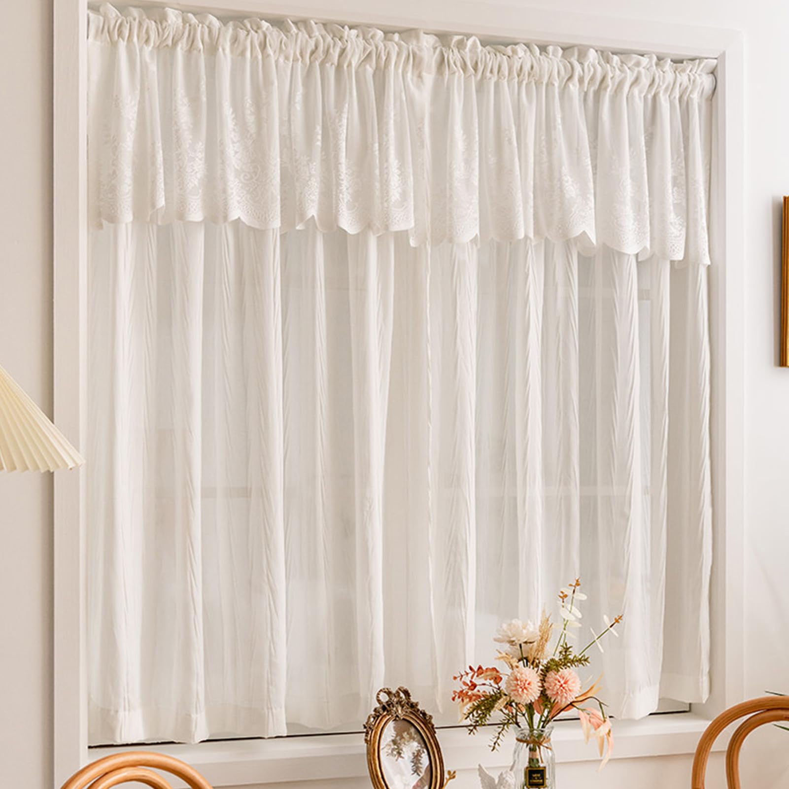 ZZYK White Valances Curtain with Lace Topper,Washed Kitchen Small Window Valance Privacy Wrinkle Process Panels for Living Room Cafe Laundry Basement,Paste,79" W x 71" L