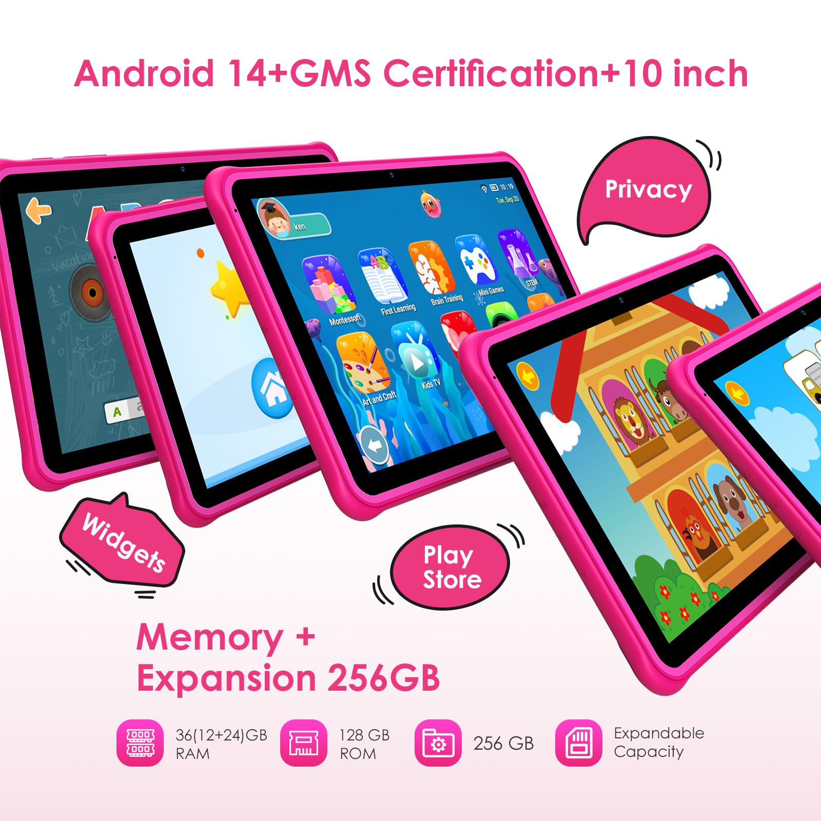 FASTWD Tablet per bambini 10 pollici Android 14 Tablets educativo,36GB RAM+128GB ROM(espandibile con SD),WiFi 6,controllo genitori,Widevine L1/BT 5.0/8+5 MP/Tablet per Bambini, (Rosa)