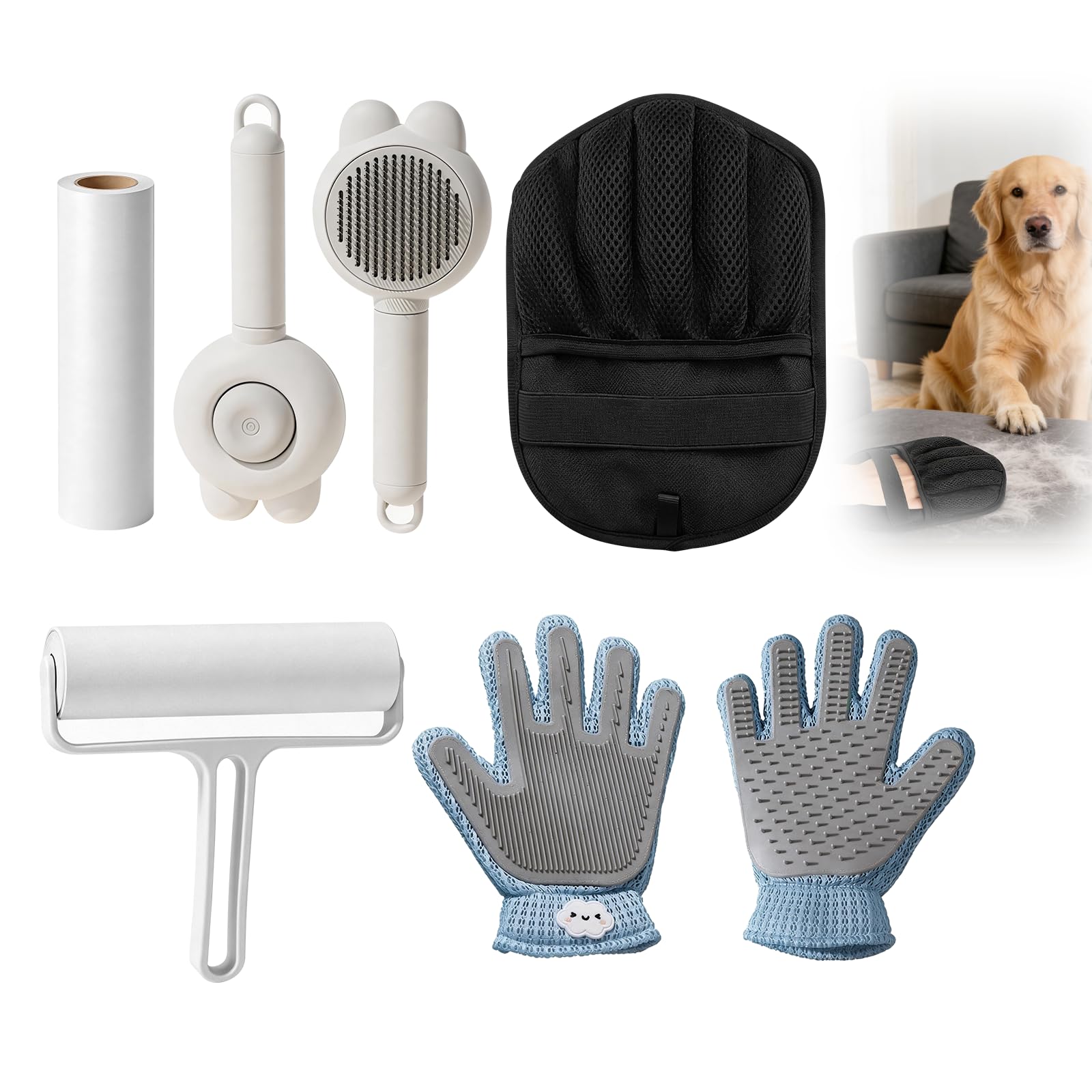 Bettinay 4 Pcs Pet Cat Hair Brush and Glove, Cat Grooming Glove with Lint Roller for Kittens and Puppies, Removes Mats and Tangles, Long or Short Haired Indoor Pets