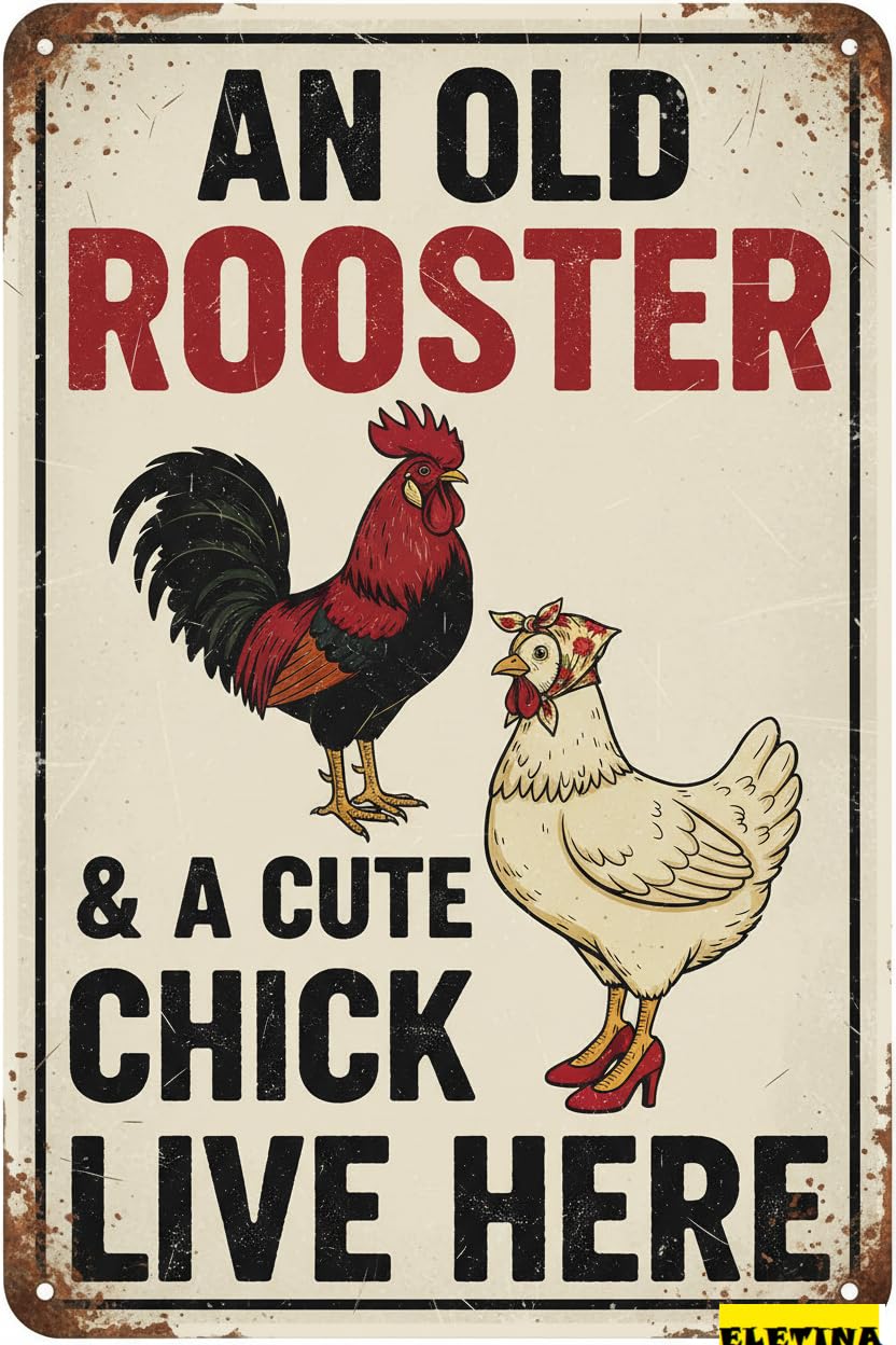 Vintage Metal Tin Sign for Funny Chicken S Coop - An Old Rooster & A Cute Chick Live Here,Chicken Coop S Outside Home Farmhouse Farm,Aluminum Chicken Decor Gift 8x12 Inch Private Property Decorative