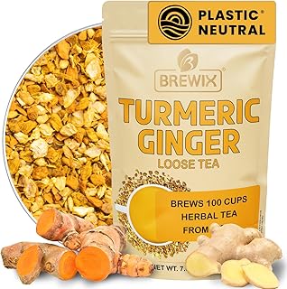 BREWIX, Turmeric Ginger Loose Herbal Tea (100+ Cups, 7.05oz/200g) Caffeine & Gluten Free | Ginger Root Tea | Savory & Spicy