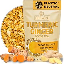 BREWIX, Turmeric Ginger Loose Herbal Tea (100+ Cups, 7.05oz/200g) Caffeine &amp; Gluten Free | Ginger Root Tea | Savory &amp; Spicy