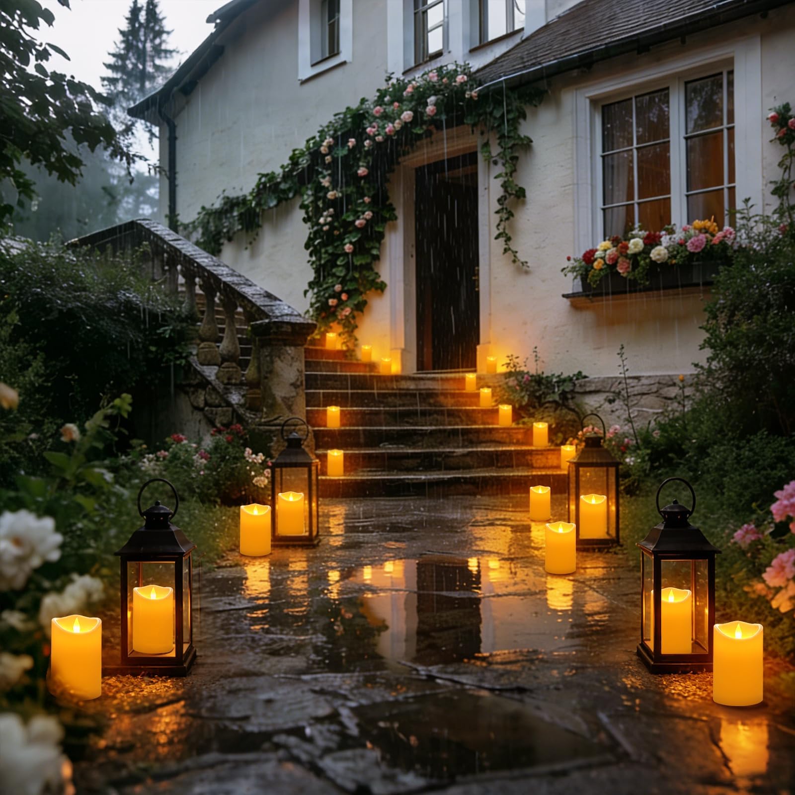 Flameless Candles 4" 5" 6" Set of 3 Outdoor Indoor Ivory Pillars Battery Operated Flickering Candles Include 8-Key Remote Timer Function, Fake Plastic Candles for Wedding, Aniversary, Christmas Decor — view 4