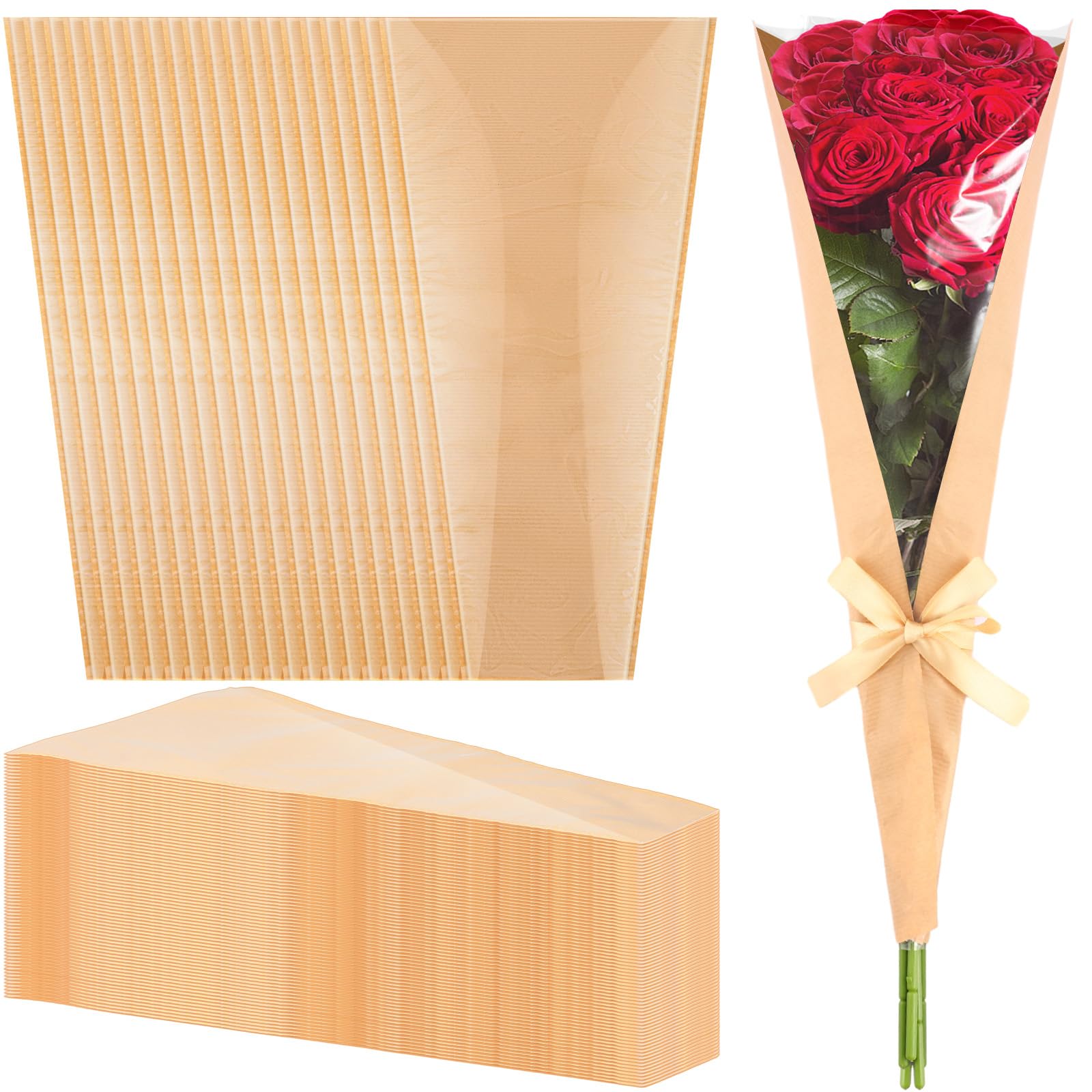 Ctosree 200 Pcs Flower Bouquets Wrapping Paper Brown Kraft Flower Sleeves Floral Sleeve 17.72 x 9.84 x 3.94 in Florist Flower Arrangements Supplies Flower Bags for Bouquet Wedding Valentine's Day Gift