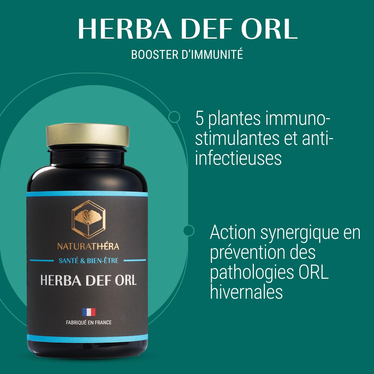 HERBA DEF ORL - Booster Immunité - Complément Alimentaire Défenses - Virus Rhume Otite Sinusite - Extraits Secs - 150 Gélules - Fabriqué en France - Vegan - Sans Additifs Allergènes OGM
