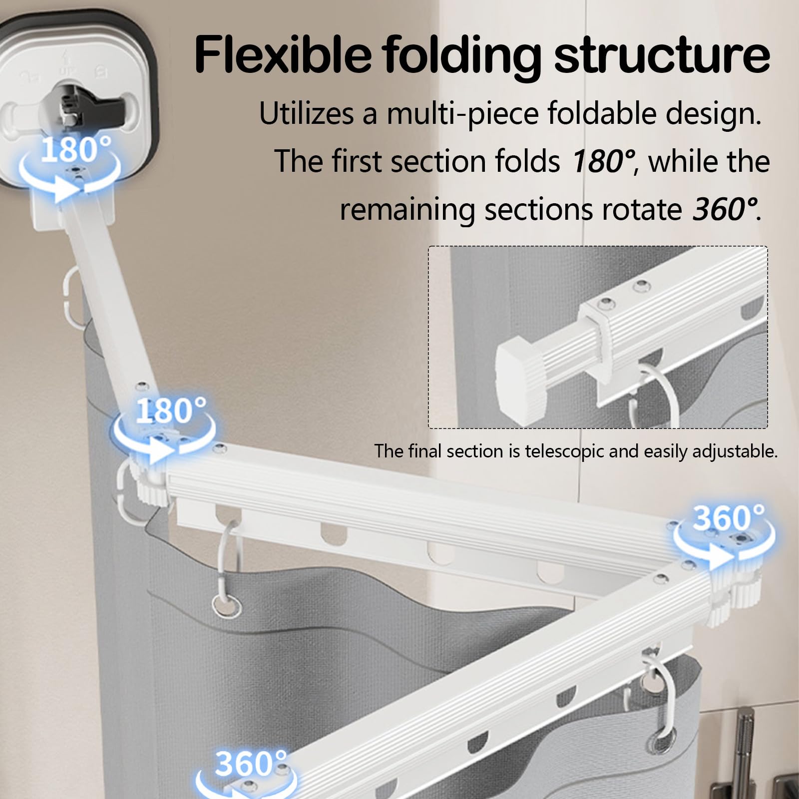 Bastone Per Tenda Doccia Pieghevole, Set Aste Per Tenda Doccia Pieghevole A 4 Vie Con Ventosa 1,8X2,0M TendaDoccia Impermeabile Senza Fori Asta 162cm Forma L/U A Forma Scala Dritto (Grigio, 4 Volte)