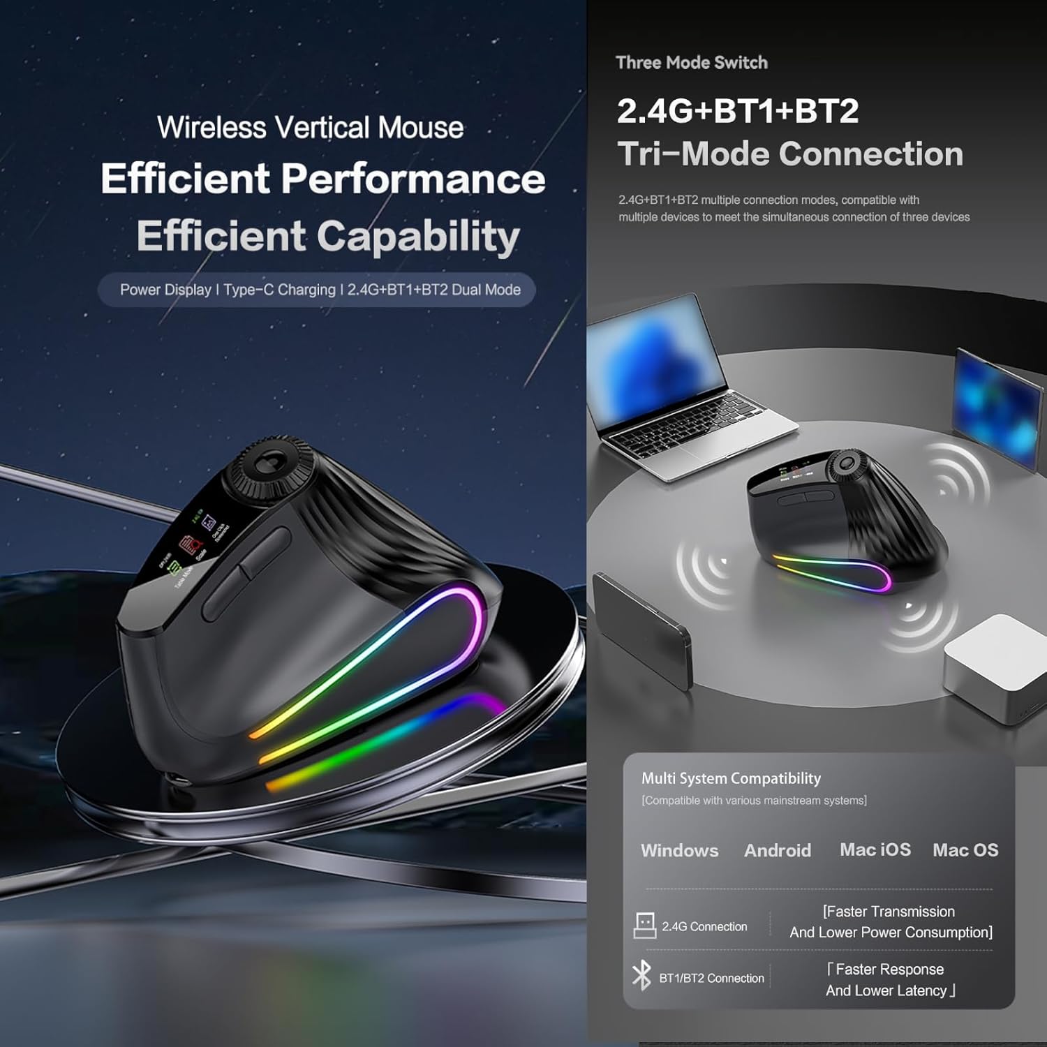 XM7 mouse showing triple mode connection and system compatibility