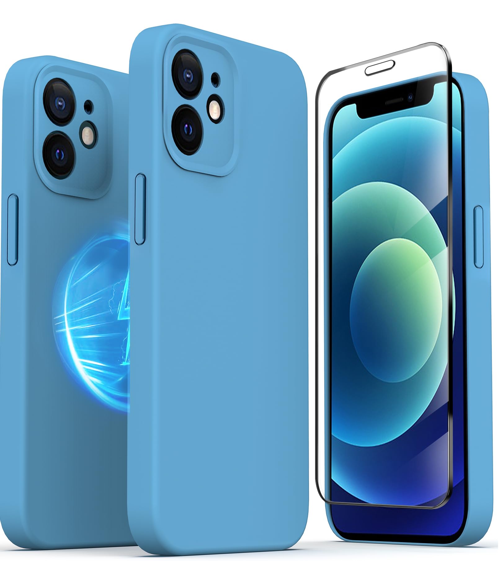 TZGZT Camera Protection for iPhone 12 Phone Case, [fits MagSafe Accessories] Magnetic Protective Cover with 2X Screen Protector, Women Case for iPhone 12, Silicone Blue#3