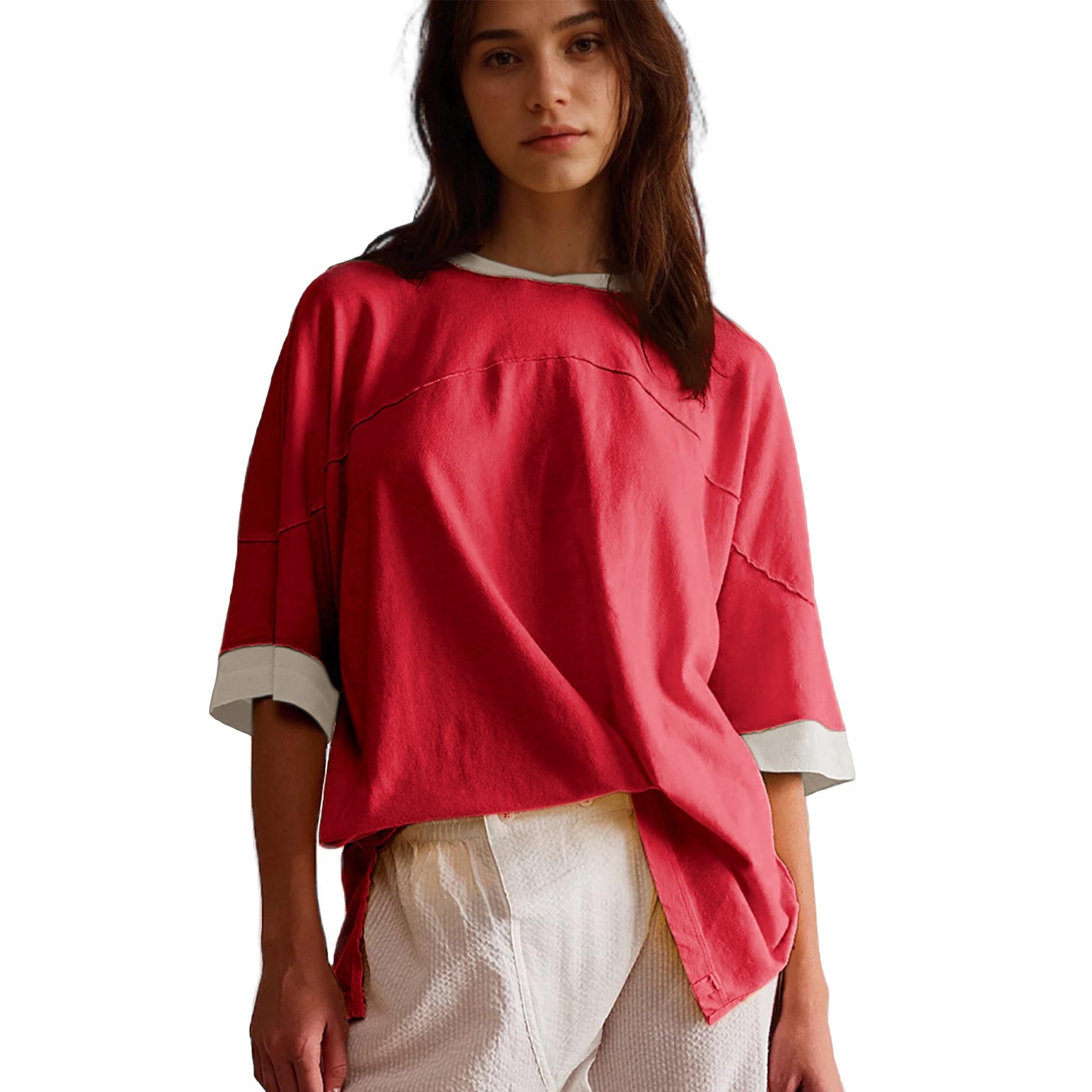 Songling Womens 3/4 Length Sleeve Casual Loose Fit Summer Tee Shirt Basics Cotton t Shirts Trendy Tops