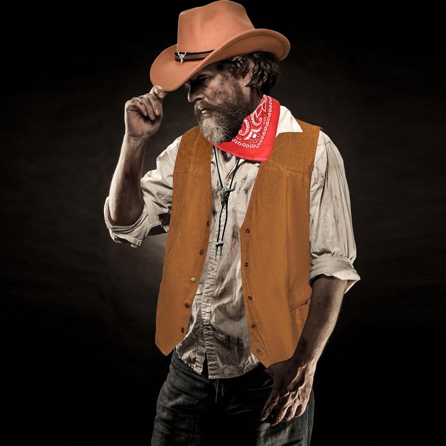 Western Cowboy Costume Mens-Cowboy Outfit Accessories Hat Vest Belt Bandana Necklace for Halloween Party - Image 5