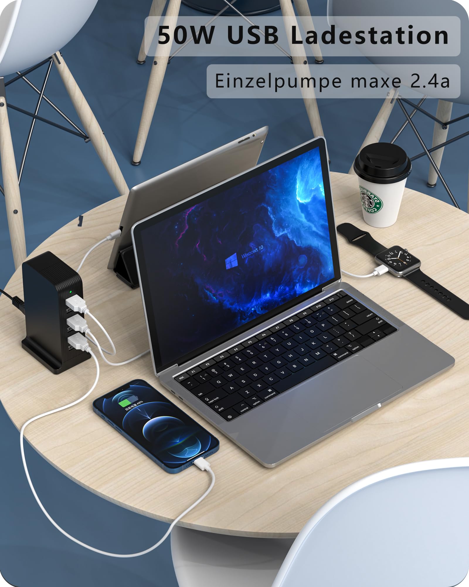 LEENFAER Stazione di ricarica USB a 6 porte, 50 W, caricatore USB, multiplo USB, ricarica per iPhone, iPad, iPod, Samsung, Huawei LG Nexus HTC Nokia Motorola