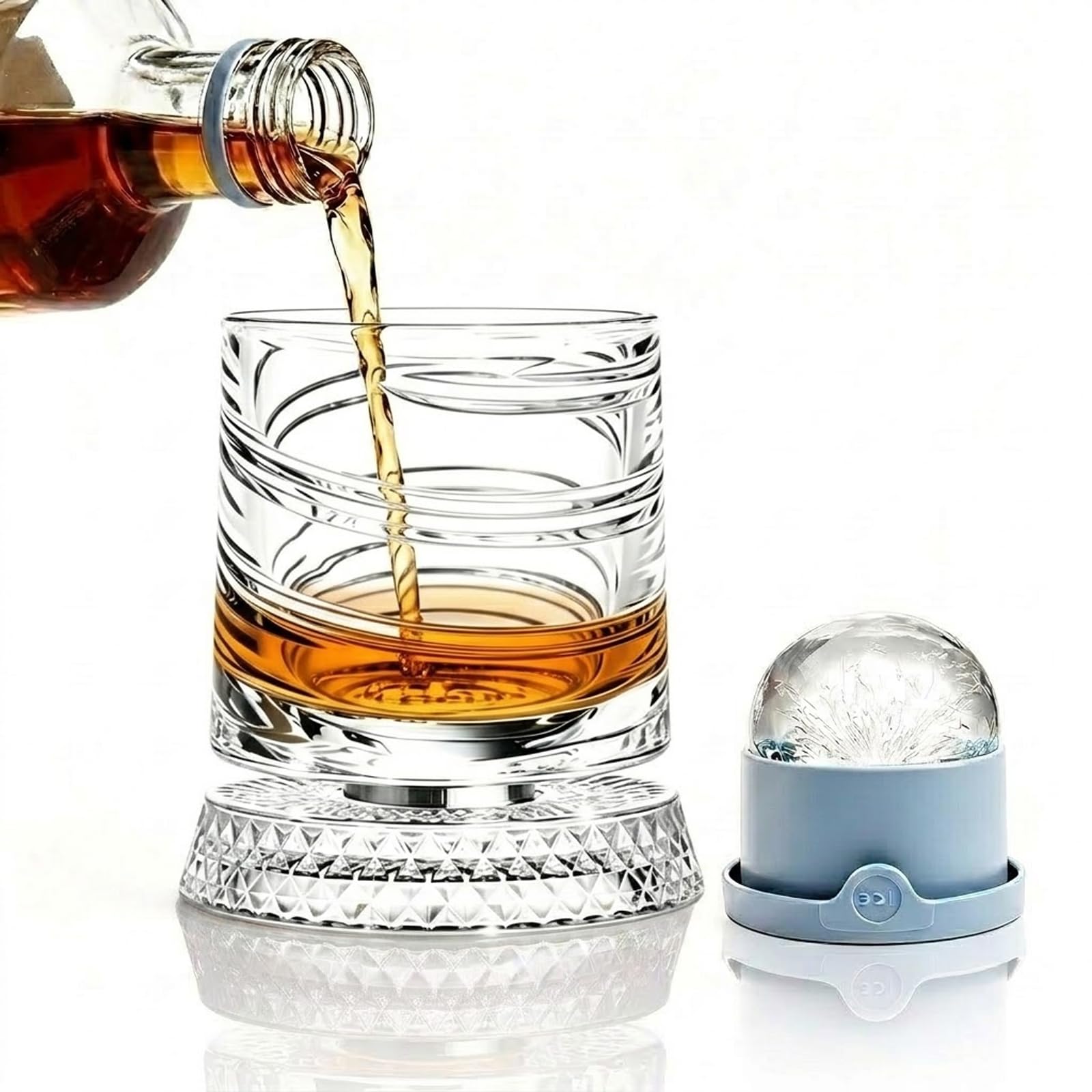 Bezvill Rotating Whiskey Glass with Large Ice Ball Mold, Single Spinning Crystal Bourbon & Old Fashioned Tumbler, 360° Kinetic Glassware for Home Bar, Unique Gifts for Men, Dad