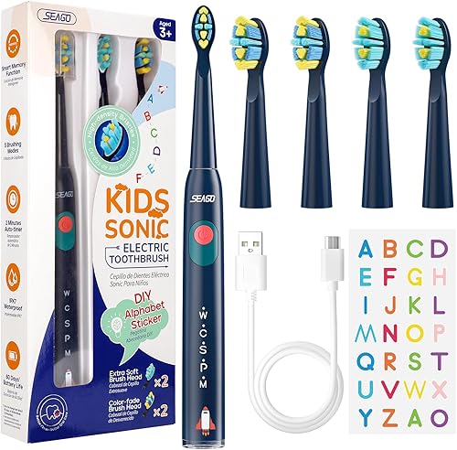 Miniatura 9 de SEAGO Cepillo de dientes eléctrico recargable para niños con temporizador y adhesivo para más de 6 años, 38000 VPM, 5 modos, 4 cabezales de