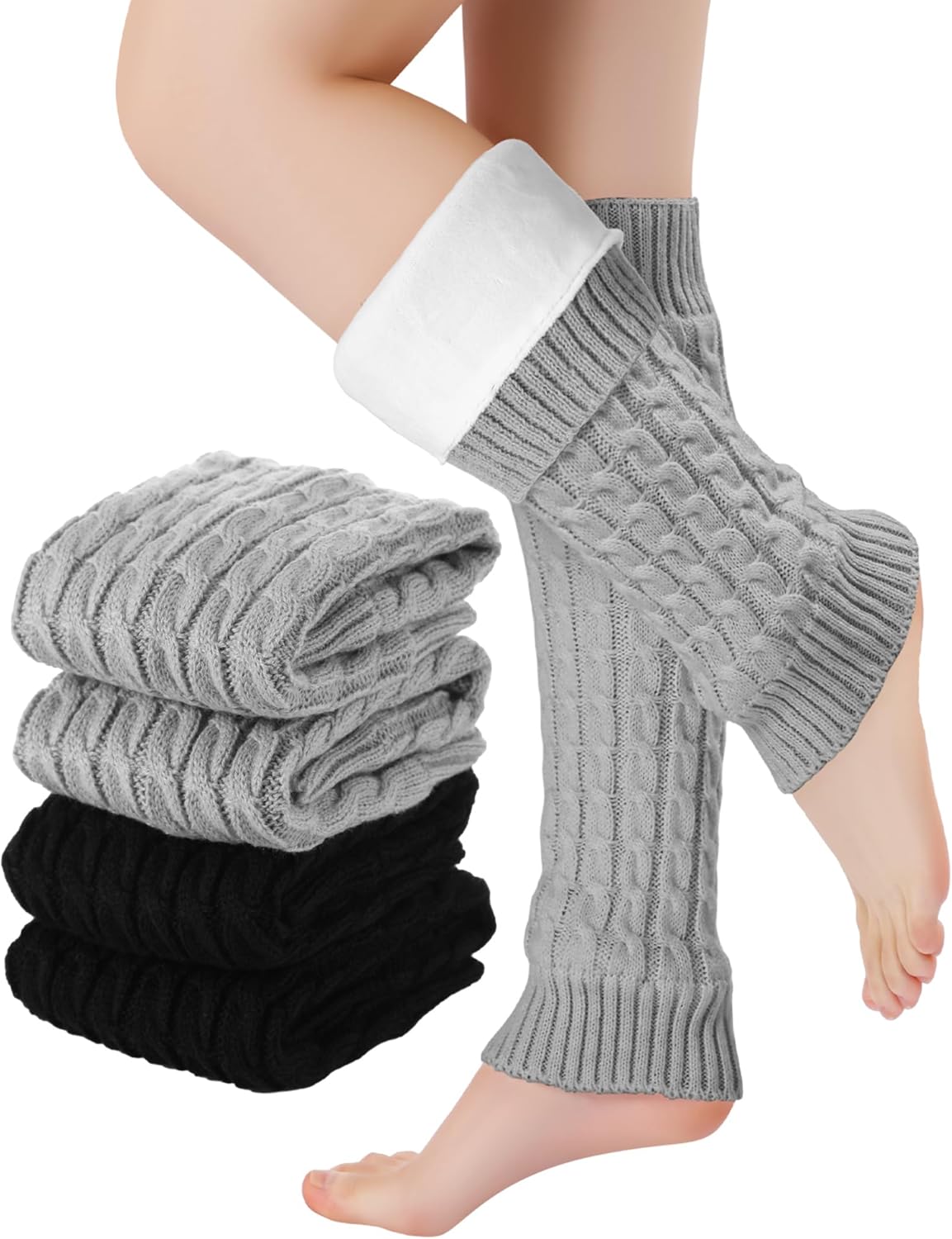 Shihanee 2 Pairs Women's Fleece Lined Leg Warmers Winter Extra Elastic Thicken Thermal Knit Long Boot Socks for Cold Weather