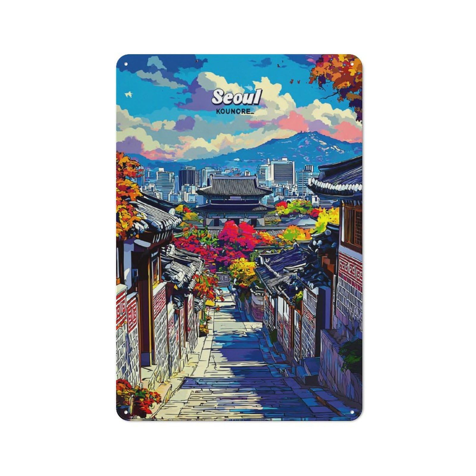 Junmoney Seoul's Colorful Streetscape -1 Decorative Tin Plaque With Design 30X20cm, Classic Novelty Wall Art For Flat, Dorm Room, Lounge Or Cafe