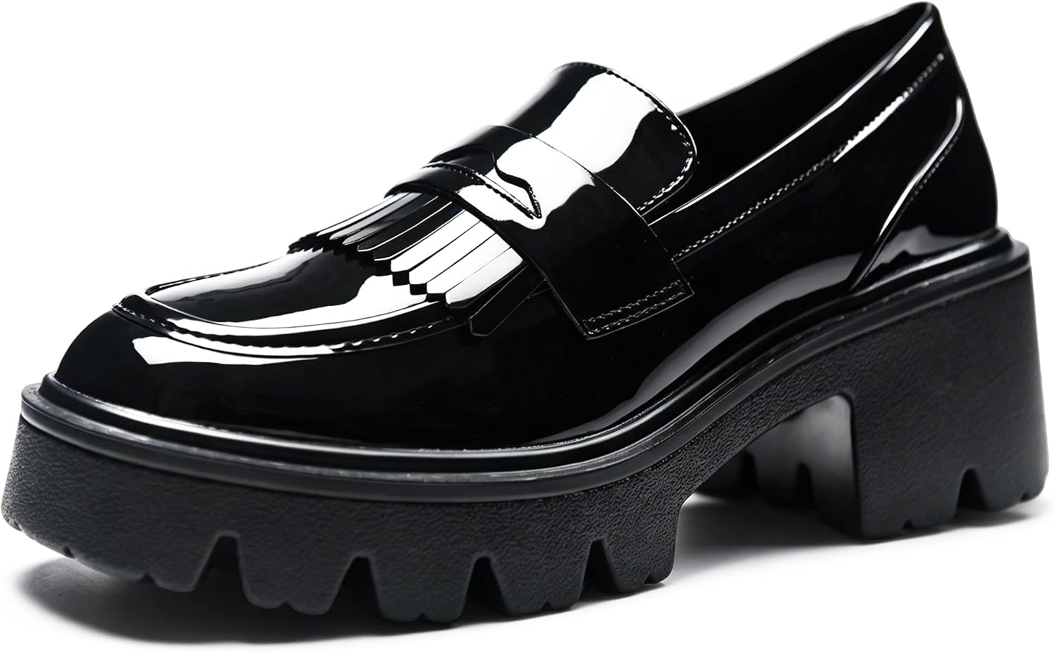 Black Chunky Fringe Platform Loafers for Women Slip On Patent Leather Lug Sole Casual Dressy Business Work Shoes