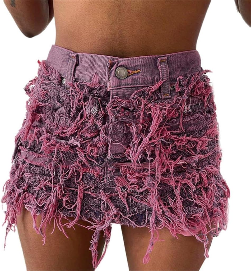 Lily Brown Womens Summer Mini Denims Skirt High Waist Cargo Skirt Ripped Y2k Bodycon Skirt Tassels Jean Short Pencil Skirts Gifts Purple, Medium