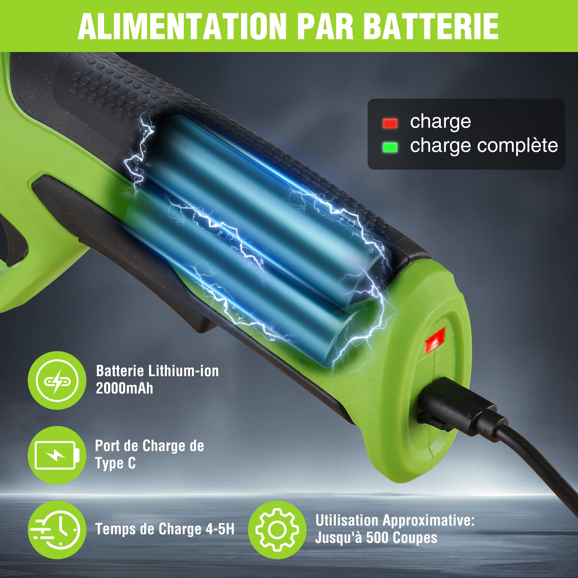 WORKPRO Sécateur Électrique 7,2 V, Professionnel Secateur Electrique avec Lames en SK5, Batterie 2000 mAh, Diamètre de Coupe de 19 mm pour Jardins, Branches et Arbres Fruitiers