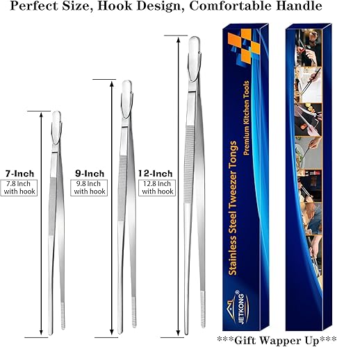 Miniatura 7 de JETKONG Pinzas para alimentos, puntas dentadas de precisión, pinzas de cocina profesionales, juego de 3 (7, 9, 12 pulgadas, plateado)