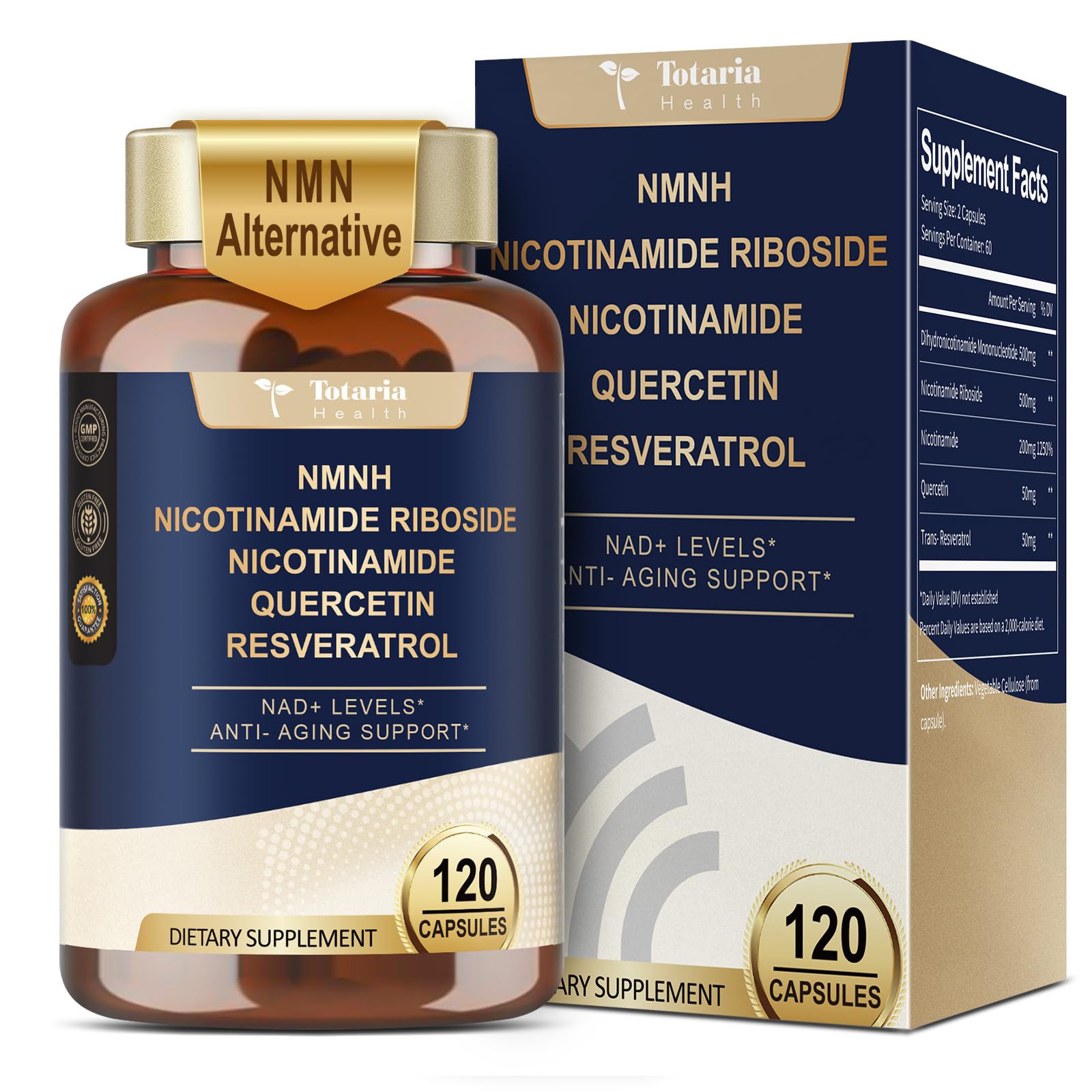 Totaria NMNH (Dihydronicotinamide Mononucleotide), NMN Alternative Supplement w/Niacinamide (Vitamin B3), Quercetin, Trans-Resveratrol, Support NAD+, Skin Cell Health*, Anti-Aging & Energy, 120 Caps