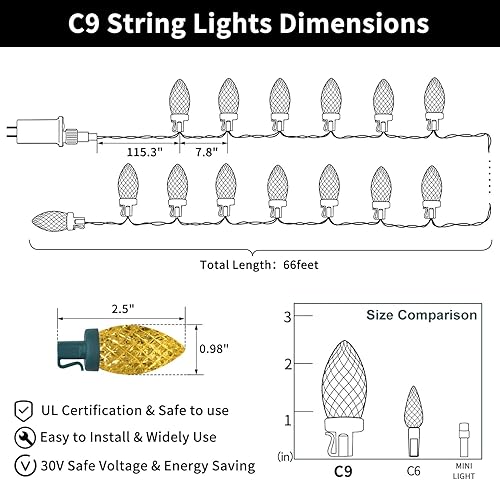 Miniatura 7 de ZAIYW 100 luces LED C9 de Navidad de 66 pies, alambre verde, luces LED comerciales de fresa, bombillas C9, tira de luz decorativa de Navidad para