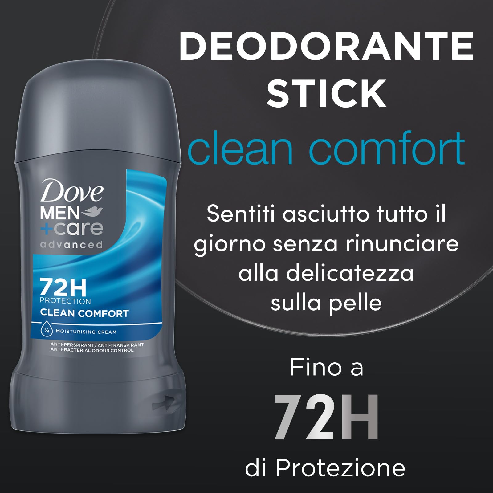 Dove Men Care, Deodorante Uomo Stick, Clean Comfort Advanced Care, Antitraspirante, Protezione Fino a 72 Ore, con Antibacterial Odour Control Technology, e 1/4 di Crema Idratante Dove, 6 Pezzi da 50ml