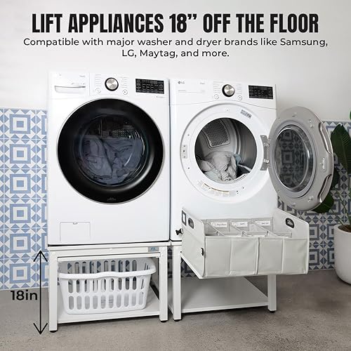 Miniatura 6 de Pedestal para lavadora y secadora con estante extraíble, 27 pulgadas de ancho, 18 pulgadas de alto, acero blanco, ajuste universal con las