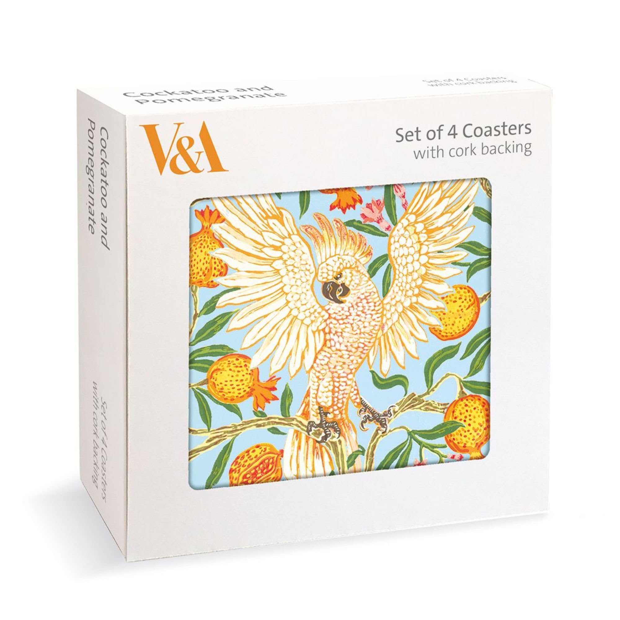 Museums & Galleries Set of 4 Coasters - V&A Walter Crane's 'Cockatoo and Pomegranate' Design - Cork Backed - Statement Coasters for the Home