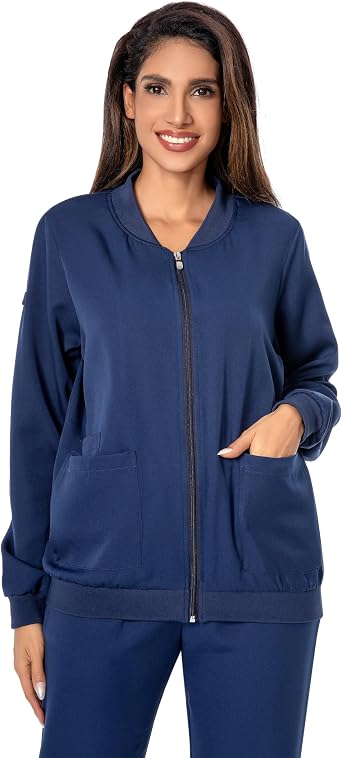 Scrub Jackets for Woman, Zip Front Nurse Jacket-4-Way Stretch Fabric Coat
